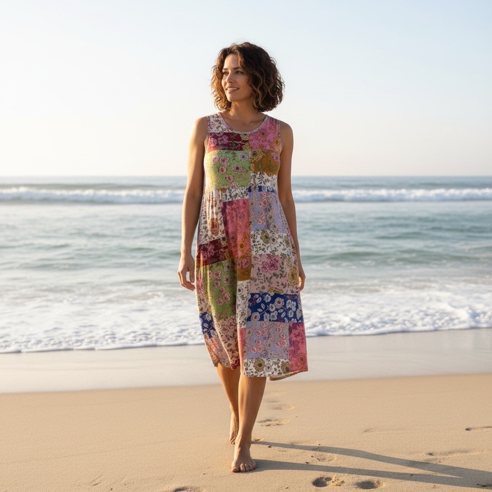 Johnny Was Patchwork Dress Small Easy‎ Tea Fit Length Stretchy Floral Sleeveless